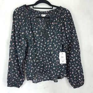 NEW W/🏷️!Billabong Size S Lightweight Blouse Top in Black Floral Print Tasseled